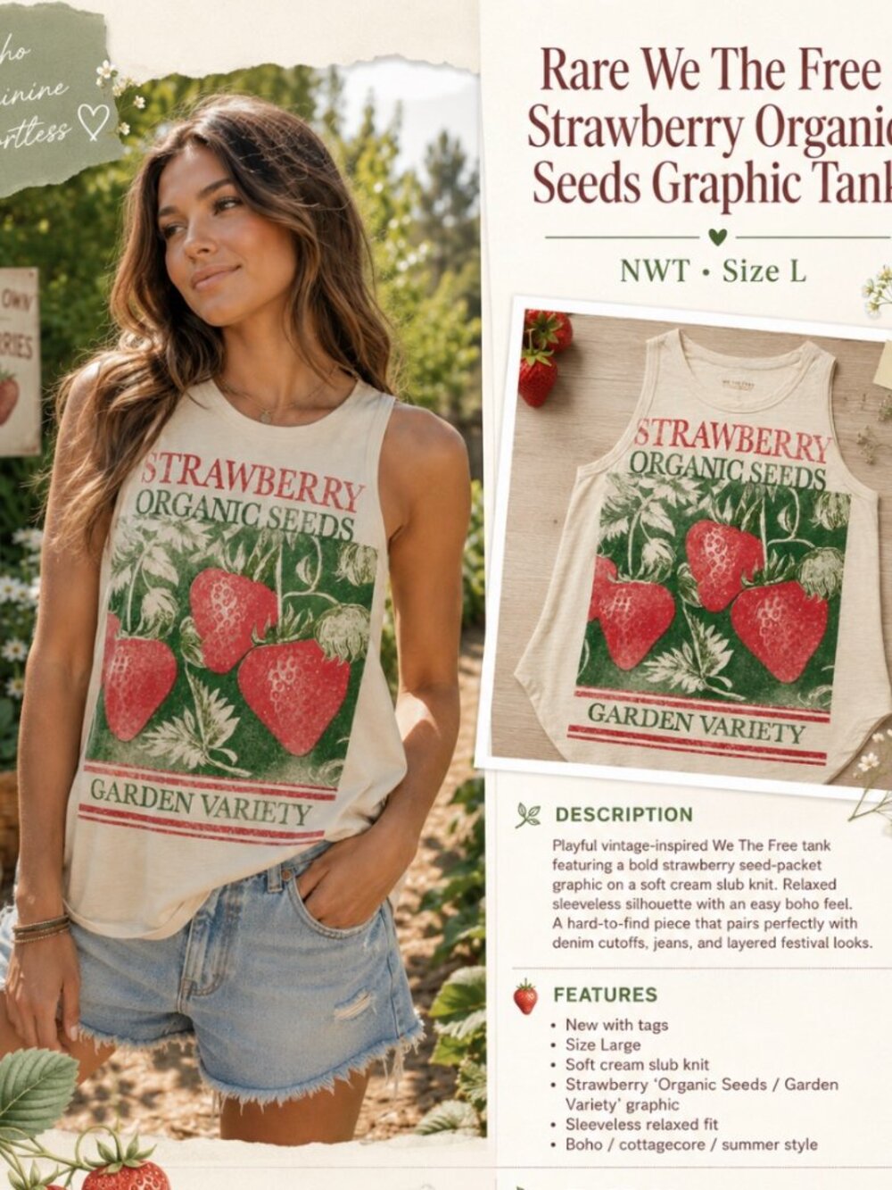 HTF NWT We The Free Garden Variety Strawberry Tank Top Boho Cottagecore L $58 - Picture 8 of 8